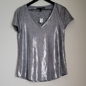 White House Black Market Silver Metallic Shiny Vneck Tshirt Size Small New